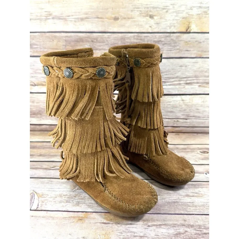 Minnetonka Toddler Girls Brown Suede Fringed Moccasin Boots 8